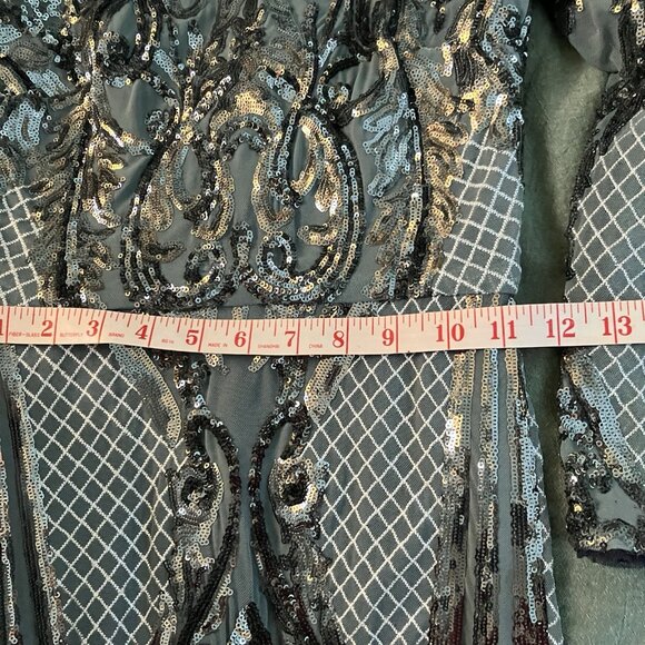 Betsy & Adam Sequin Bodycon Cocktail Dress Womens 6 Blue Gunmetal Silver Holiday - Picture 10 of 13